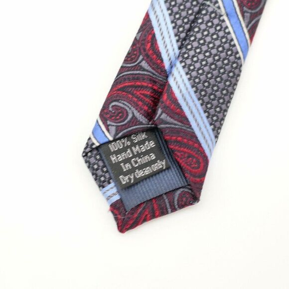 Pronto Uomo Red Gray Blue‎ Striped Paisley Striped Geometric Woven Long Silk Tie - Picture 5 of 7